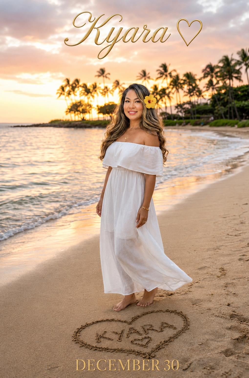 Kyara on the beach at sunset in a white dress — InstaBrows by Kyara brand feature