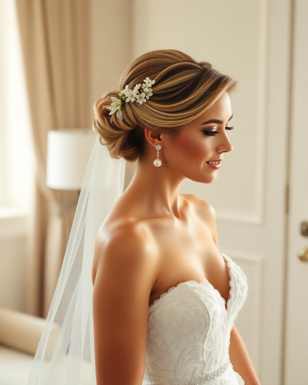 Bride after Kyara Luxe morning-of styling — romantic updo with baby's breath and luminous soft-glam makeup