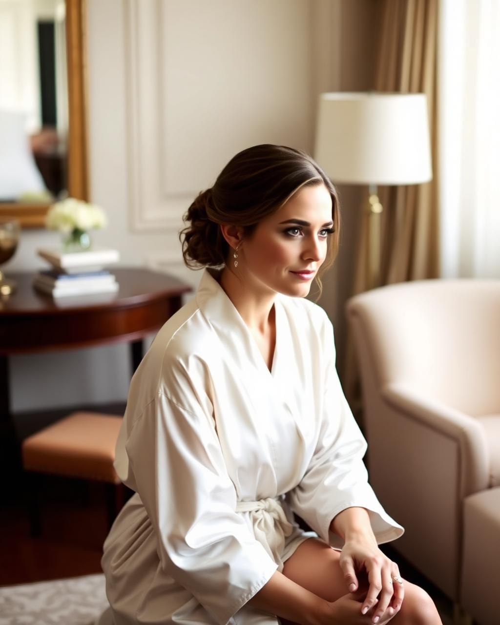 Bride in a silk robe before her Kyara Luxe morning-of wedding beauty appointment