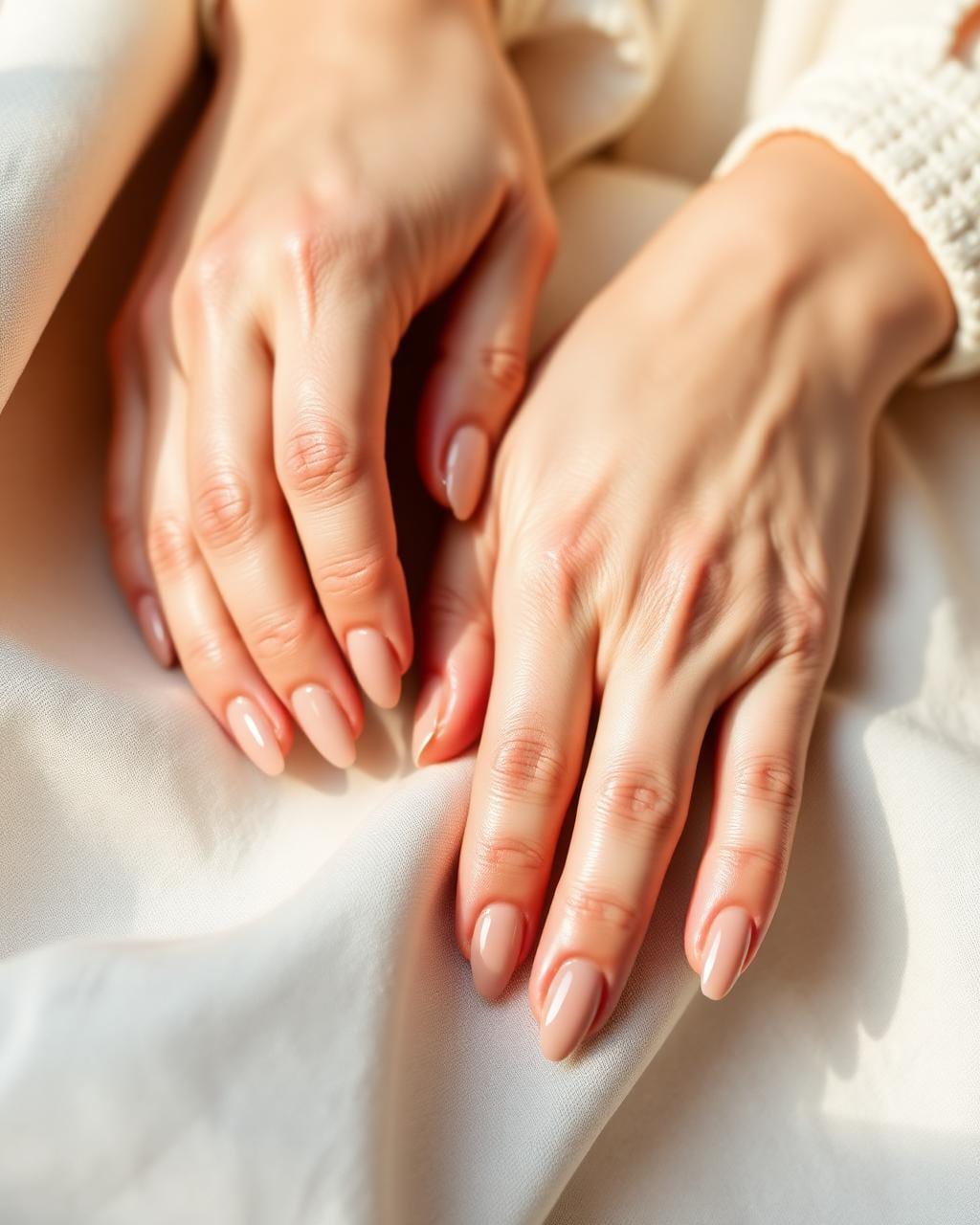 Client's hands after a Kyara Luxe manicure — glossy nude-almond nails with hydrated cuticles